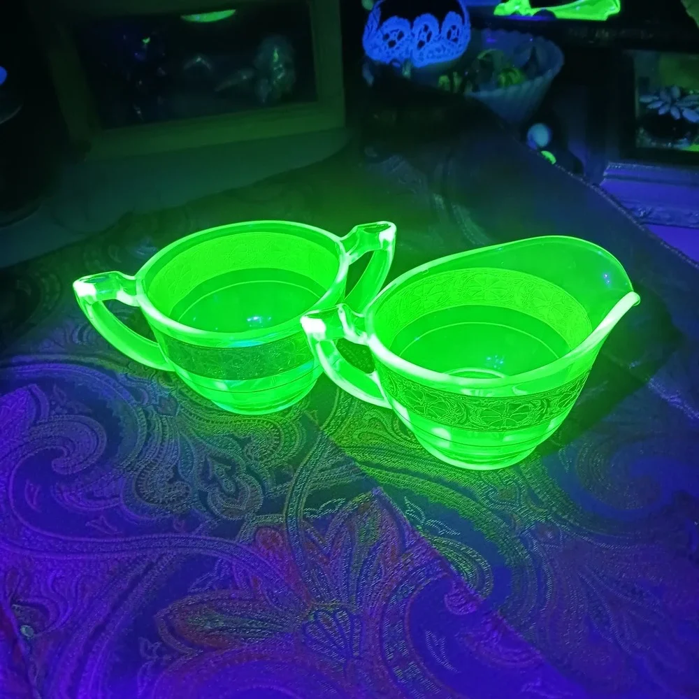 Vtg Green Uranium Glass Creamer & Sugar Bowl Floral w Gold Gilt